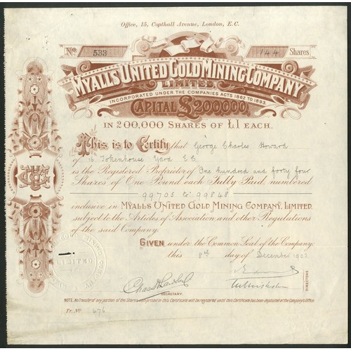 27 - Australia: Myalls United Gold Mining Co. Ltd., £1 shares, [1903], #533, brown. Registered 29th Octob... 