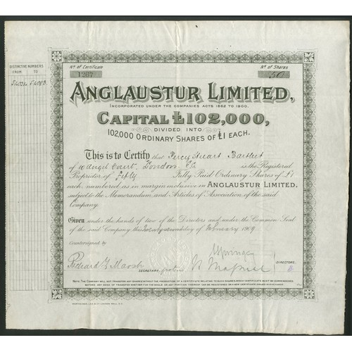 152 - Ottoman Empire: Anglaustur Limited, £1 shares, 190[9], #1267, olive green. Registered 1907 to obtain... 