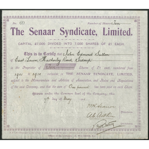 149 - Ethiopia: Senaar Syndicate Limited, £1 shares, 190[1], #69, mauve. Registered 18th June 1900 t... 