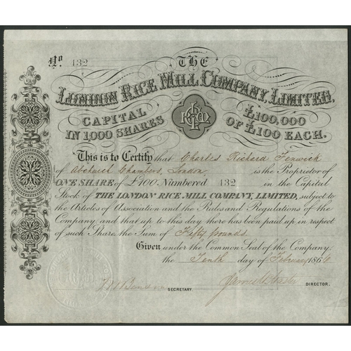 533 - Great Britain: London Rice Mill Co. Ltd., £100 share, 186[6], #432, black. Registered 1865. La... 