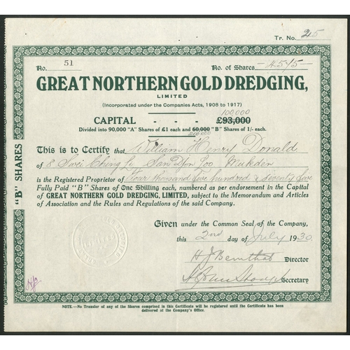 111 - China: Manchuria, Great Northern Gold Dredging Limited, 1 shilling 'B' shares, 19[30], #51, green. R... 