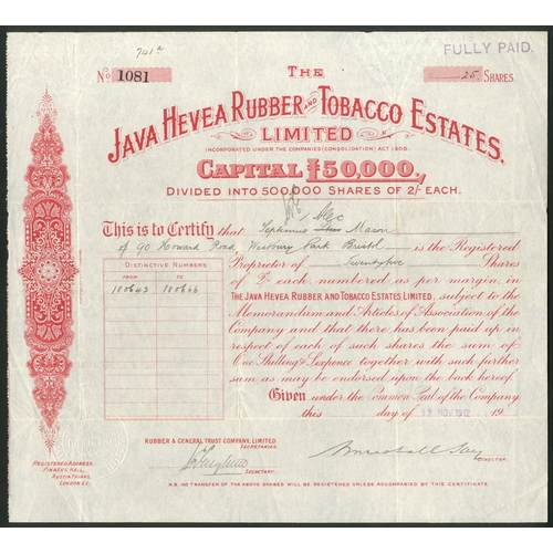 139 - Netherlands Indies: Java Hevea Rubber and Tobacco Estates Limited, 2/- shares, 19[12], #1081, red. R... 