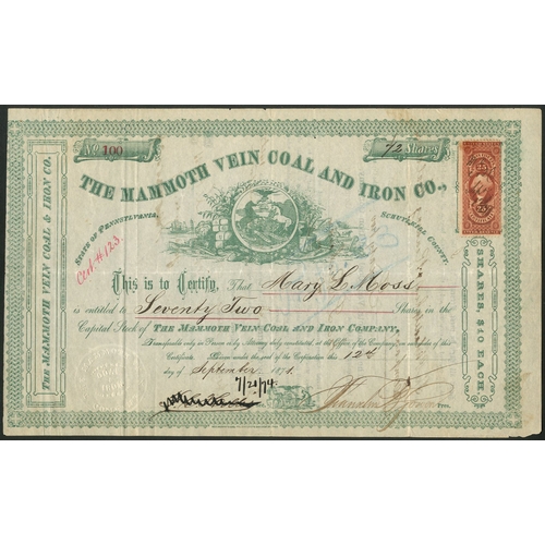 735 - U.S.A.: Mammoth Vein Coal and Iron Company, Pennsylvania, $10 shares, 187[1], #100, green, adhesive ... 