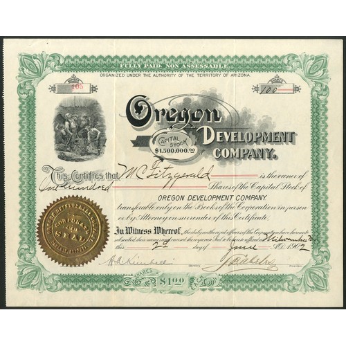 737 - U.S.A.: Oregon Development Company, $1 shares, 190[2], #105, miners top left, green, gold seal. Inco... 