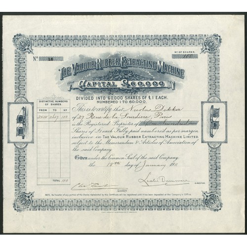 543 - Great Britain: Valour Rubber Extracting Machine Ltd., £1 shares, 19[11], #16, large format piece dep... 