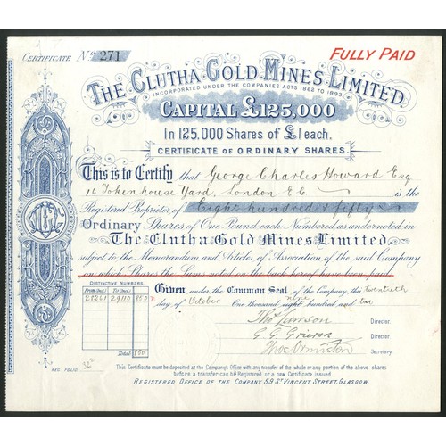 183 - South Africa: Clutha Gold Mines Limited, £1 shares, 18[1902], #271, blue. Incorporated in Edinburgh ... 