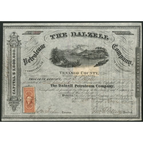 744 - U.S.A.: Dalzell Petroleum Company, $10 shares, 186[6], #3012, river in centre, black. Wells in Venan... 