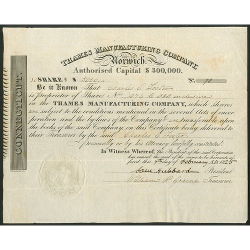 779 - U.S.A.: Thames Manufacturing Company, $100 shares, 18[25], #78, black. Incorporated in Connecticut i... 