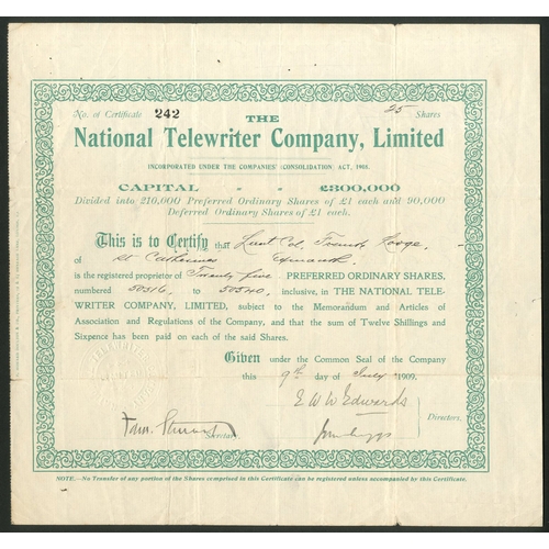 537 - Great Britain: National Telewriter Company Limited, preferred ordinary shares, 1909, #242, green. An... 