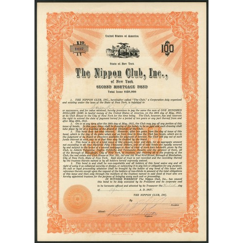 131 - Japan/U.S.A.: The Nippon Club Inc., Second Mortgage bond for $100, 1917, #1037, orange and black. A ... 