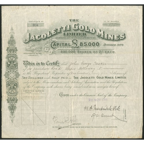 20 - Australia: Jacoletti Gold Mines Ltd., 2/- shares, [1905], #834, grey, scrollwork at left. Registered... 