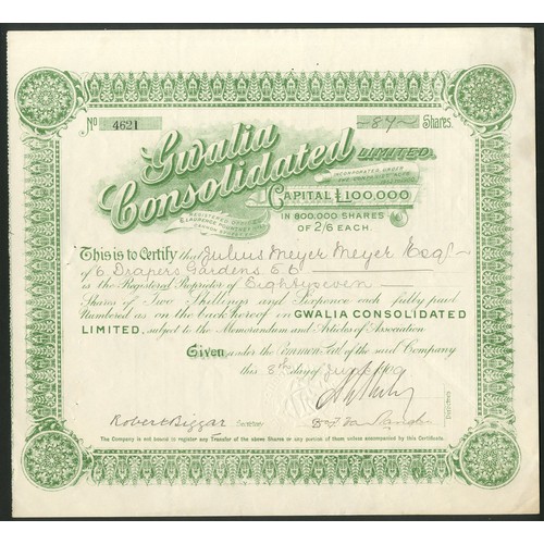 19 - Australia: Gwalia Consolidated Ltd., 2/6d shares, 190[9], #4621, green. Registered 1898. Re-register... 