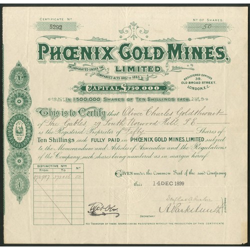 31 - Australia: Phoenix Gold Mines, Ltd., 10/- shares, [1899], #5292, green. Formed as an amalgamation of... 