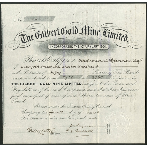 18 - Australia: Gilbert Gold Mine Ltd., £10 shares, 190[1], black, embossed seal. Western Australia. Pinh... 