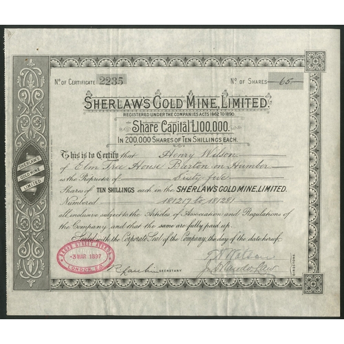 34 - Australia: Sherlaw's Gold Mine Ltd., 10/- shares, 1897, #2235, ornate border, black. Registered 6th ... 