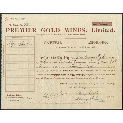 32 - Australia: Premier Gold Mines Ltd., 10/- shares, [1901], #2054, brown. An amalgamation of the Golden... 