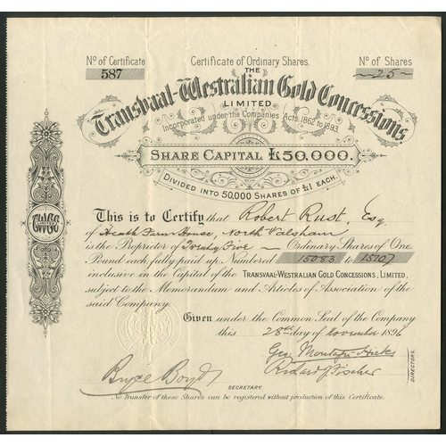 37 - Australia: Transvaal-Westralian Gold Concessions Ltd., £1 shares, 189[6], #587, black. Registered 19... 