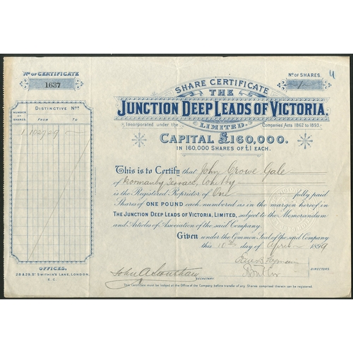 21 - Australia: Junction Deep Leads of Victoria Ltd., £1 shares, 189[9], #1637, blue. Acquired seve... 