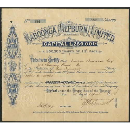 22 - Australia: Kaboonga (Hepburn) Ltd., 10/- shares, 18[98], #384, blue with scrollwork. Fourth reconstr... 