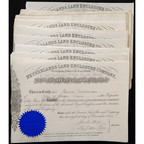 263 - Netherlands: Netherlands Land Enclosure Co., a group of 82 certificates for £10 shares, 1854, black ... 