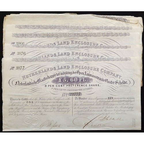 264 - Netherlands: Netherlands Land Enclosure Co., a group of 15 8% preference shares, 1855, mauve, with c... 