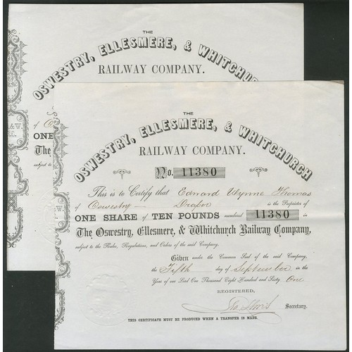 391 - Great Britain: Oswestry, Ellesmere & Whitchurch Railway Co., a pair of £10 shares, 186[1], black... 