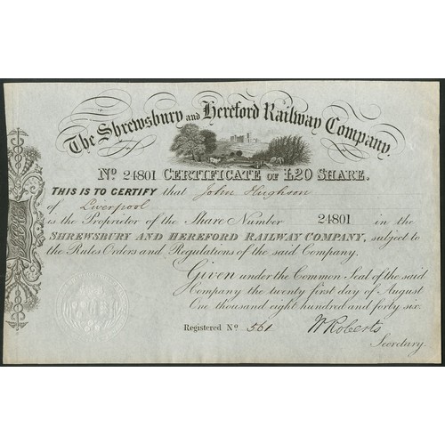 393 - Great Britain: Shrewsbury and Hereford Railway Co., £20 share, 1846, #24801, black, vignette below t... 