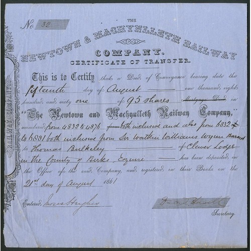 389 - Great Britain: Newtown & Machynlleth Railway Company, transfer certificate, 186[1], #32, black o... 