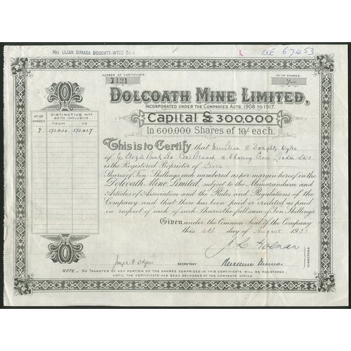 442 - Great Britain: Dolcoath Mine Limited, a collection of 5 different certificates, 19[23] to 19[28], co... 