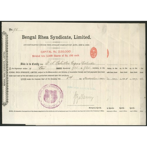 120 - India: Bengal Rhea Syndicate Limited, a group of 5 certificates for 100 rupee shares, 190[2], black ... 