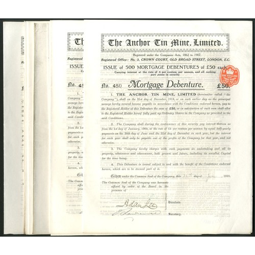 6 - Australia: Anchor Tin Mine Limited, a group of 10 debentures for £50, 1910, black, 4 pages. Re... 