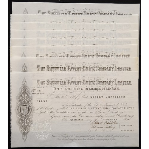 539 - Great Britain: Sheffield Patent Brick Co. Ltd., 8 certificates for £10 shares, 18[74], black with sc... 