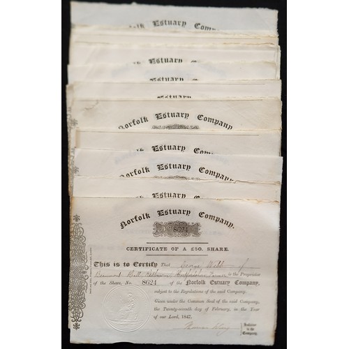 535 - Great Britain: Norfolk Estuary Company, a group of 35 x £50 shares, 1847, black. The company was fou... 