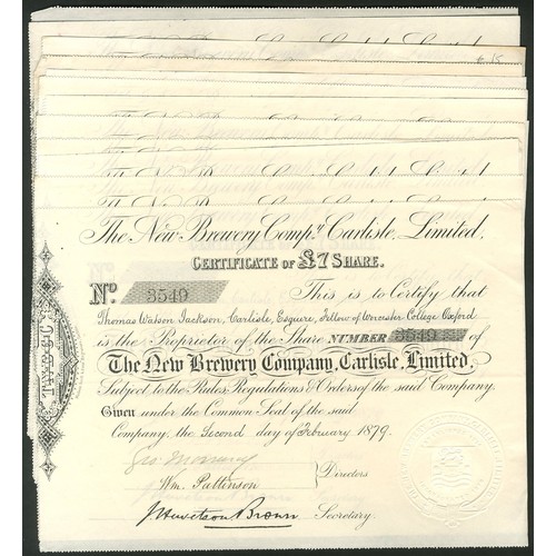 534 - Great Britain: New Brewery Co., Carlisle Ltd., a group of 14 certificates for £7 shares, 18[79], bla... 