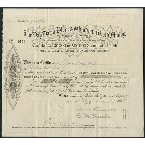 16 - Australia: Day Dawn Block & Wyndham Gold Mining Co. Ltd., £1 shares, 188[8], #9159, black. Regis... 