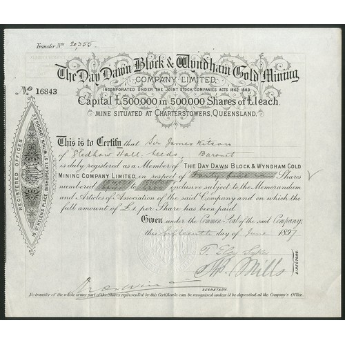 17 - Australia: Day Dawn Block & Wyndham Gold Mining Co. Ltd., £1 shares, 189[7], #16843, black. Regi... 