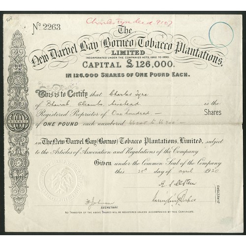 54 - Borneo: New Darvel Bay (Borneo) Tobacco Plantations Limited, £1 shares, 19[20], #2263, black. ... 