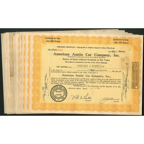 688 - U.S.A.: American Austin Car Company Inc., a group of 16 temporary certificates for less than 100 sha... 