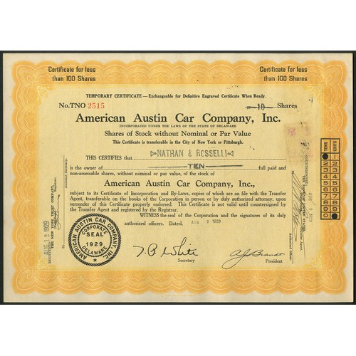 688 - U.S.A.: American Austin Car Company Inc., a group of 16 temporary certificates for less than 100 sha... 