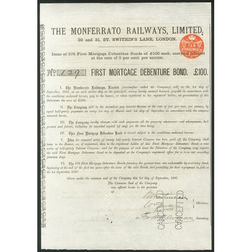 260 - Italy: Monferrato Railways Limited, First Mortgage debenture for £100, 1887, #129, black, no c... 