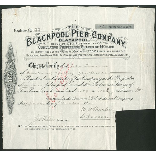 399 - Great Britain: Blackpool Pier Company, pair of certificates for Consolidated stock, 18[79], #307 and... 