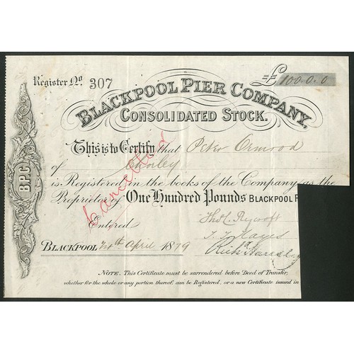 399 - Great Britain: Blackpool Pier Company, pair of certificates for Consolidated stock, 18[79], #307 and... 