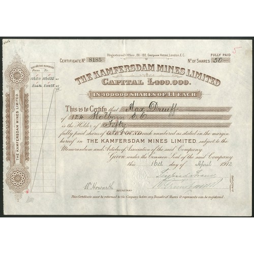 197 - South Africa: Kamfersdam Mines Limited, £1 shares, 191[2], #8185, brown. Registered 16th April... 