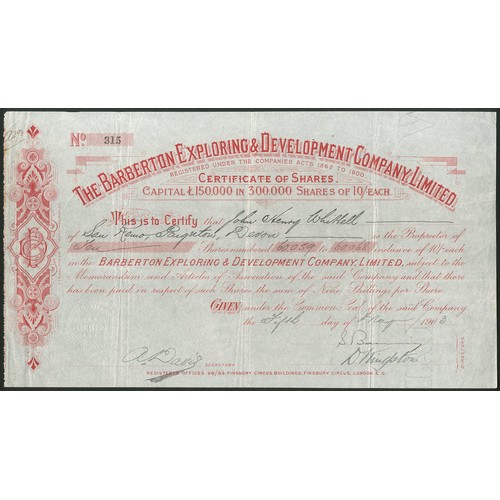 174 - South Africa: Barberton Exploring & Development Co. Ltd., 10/- shares, 190[3], #315, red. Regist... 