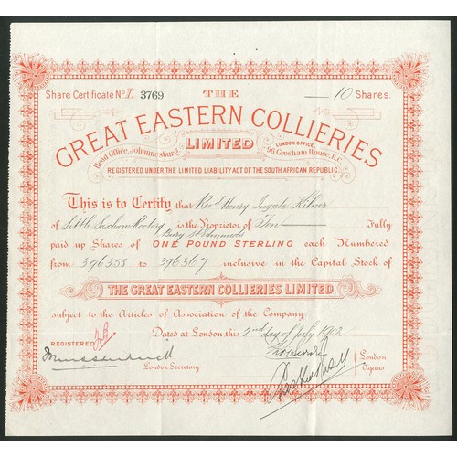 192 - South Africa: Great Eastern Collieries Ltd., £1 shares, [1902], #L3769, red. Registered in the... 