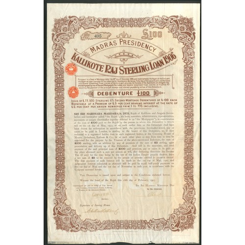 123 - India: Kallikote Raj Sterling Loan of 1906, £100 bond, 1907, #495, large format, brown, with coupons... 