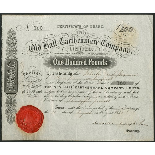 538 - Great Britain: Old Hall Earthenware Co. Ltd., £100 share, 186[1], #160, black, red wax seal. R... 