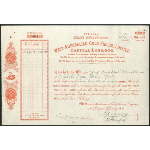 38 - Australia: West Australian Gold Fields Limited, 5/- ordinary shares, 1906, #2494, red. Pinholes at t... 