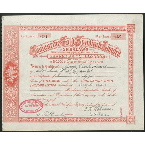 14 - Australia: Coolgardie Gold Syndicate Limited, 5/- shares, [1897], #671, attractive red printing. Reg... 