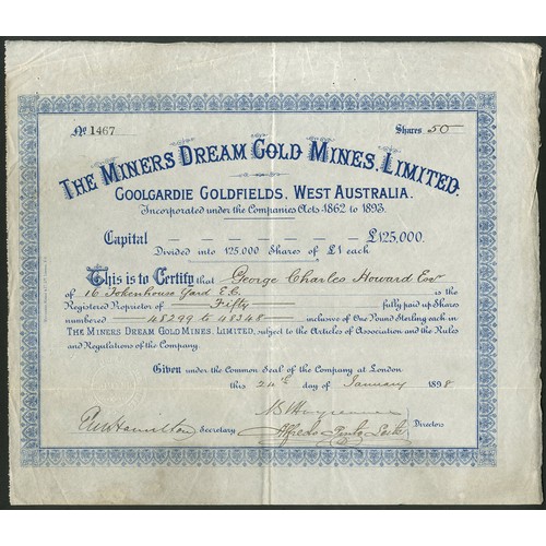 25 - Australia: Miners Dream Gold Mines Limited, £1 shares, 189[8], #1467, blue. Registered 13th Septembe... 